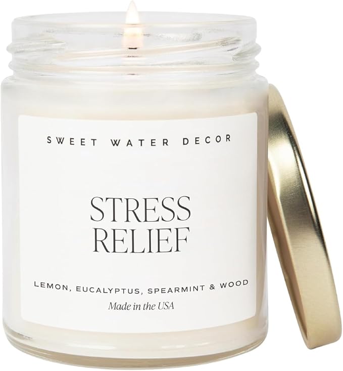 Sweet Water Decor Stress Relief Soy Candle - Lemon, Eucalyptus, Mint, Jasmine Scented Relaxing Candles for Home - 9oz Clear Jar + Gold Lid, 40+ Hour Burn Time, Made in The USA