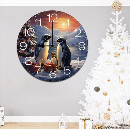 Christmas Tree and Penguins Wall Clock Large Silent Non-Ticking Battery Operated Modern Clocks for Living Room Decor/Bedroom/Office (10x10 in)