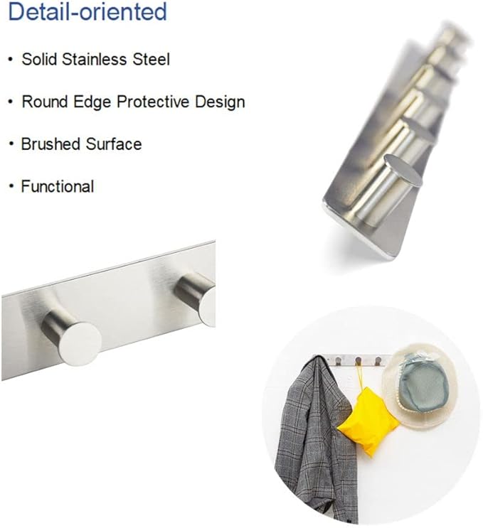 Coat Rack Wall Mounted Adhesive & Screw in, Stainless Steel Metal Coat Hooks for Door, Hook Rail with 6 Round Hangers for Hanging Hat Towels Clothes, Silver