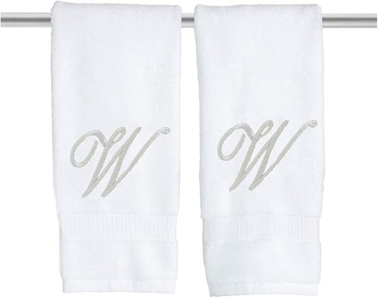 White Monogrammed Hand Towels for Bathroom - Luxury Hotel Quality Personalized Initial Embroidered Towel for Powder Room, Spa - GOTS Organic Certified - Set of 2 Silver Letter W