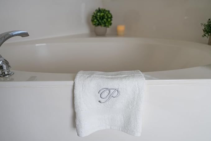 White Monogrammed Hand Towels for Bathroom - Luxury Hotel Quality Personalized Initial Embroidered Towel for Powder Room, Spa - GOTS Organic Certified - Set of 2 Silver Letter P