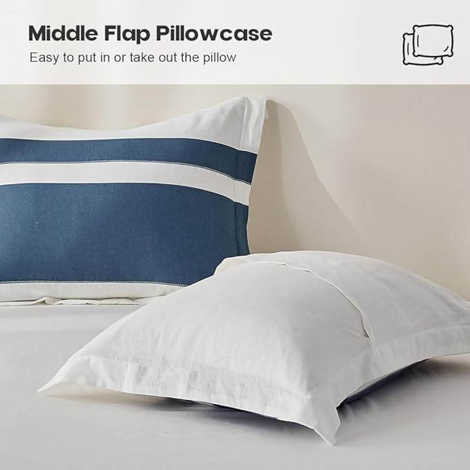 Simple&Opulence French Linen Duvet Cover Set with Stripe 104”x92”, 3 Pieces(1 Comforter Cover and 2 Pillow Shams) Rustic Natural Flax Cotton Blend(King,White and Navy)