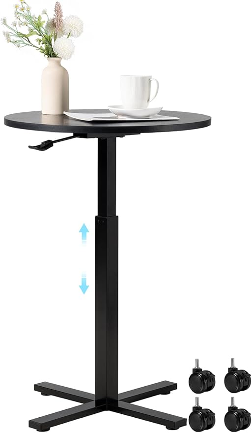 Round Cocktail Bar Table,Height-Adjustable Round Pub Table 23.8 Inches with Removable Wheel & Interchangeable Feet, Dual-Use for Kitchen, Coffee Bar, Pub,Home or Dining,Black