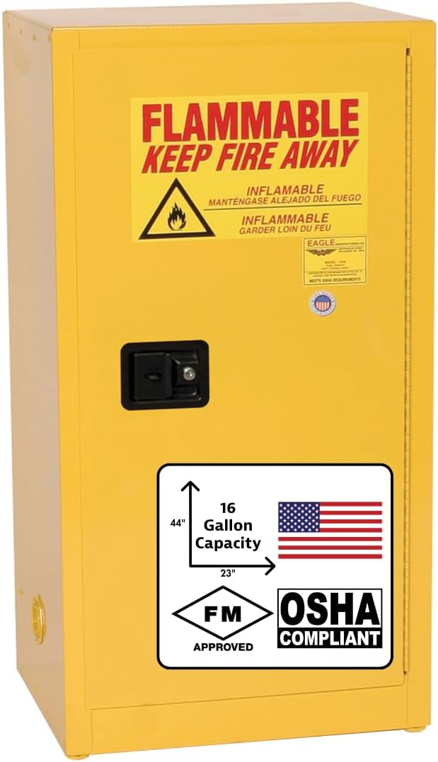 Eagle American Made 16 Gallon F﻿lammable Liquid Storage Cabinet, Self-Close Space Saver Fireproof Cabinet for Schools, Garages, Manufacturing Facilities, 23" x 18" x 44", 1905X