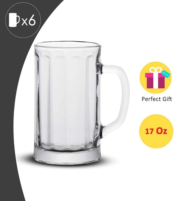 Vikko 17 Ounce Beer Glass Mugs, Weighted Base Clear Beer Mugs with Comfortable Handle, Versatile, Dishwasher Safe, Set of 6 (3.4” x 6.2”)