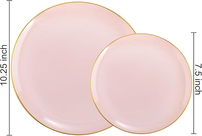 PULOTE 100PCS Pink Plastic Plates - Heavy Duty Pink and Gold Disposable Plates for Party, Wedding & Mother’s Day, Include 50 Dinner Plates and 50 Dessert Plates