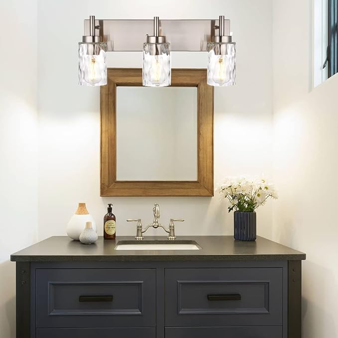 BONLICHT Brushed Nickel Vanity Light Modern 3 Light Bathroom Lighting Fixture Over Mirror with Clear Hammered Glass Shade, Industrial Indoor Farmhouse Wall Mounted Lamp for Powder Room Kitchen Hallway