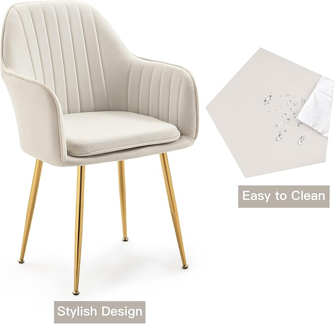 ECOTOUGE Modern Dining Chairs Set of 2, Upholstered Dining Room Chairs with Golden Metal Legs, Matte Velvet Kitchen Chairs for Dining Table, Accent Chairs for Living Room, Beige