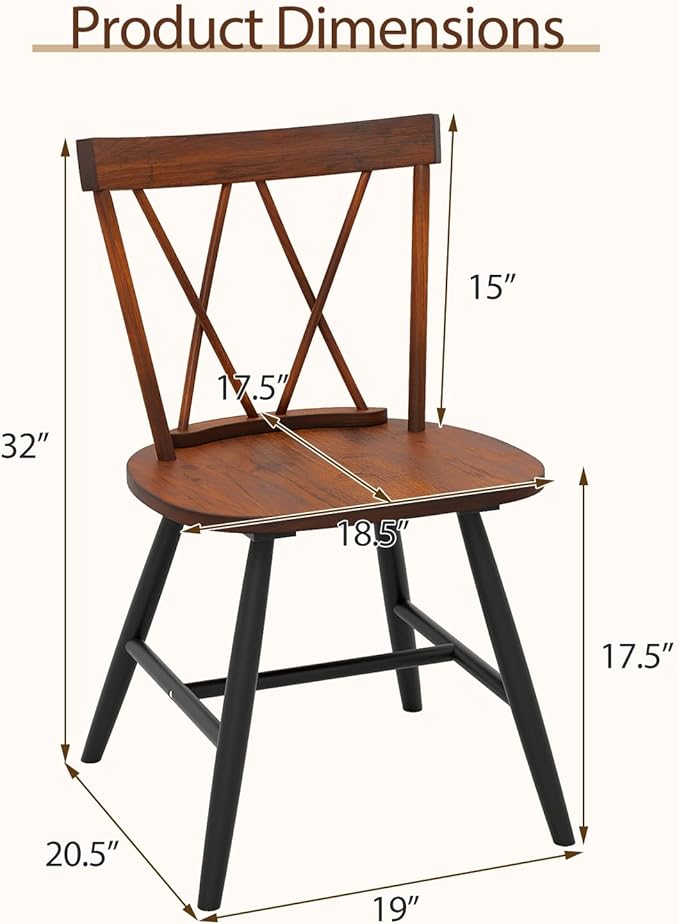 Giantex Wooden Dining Chairs Set of 4, Farmhouse Windsor Kitchen Chairs w/Cross Back, Wide Seat, Rubber Wood Frame, Armless Side Chairs for Kitchen, Dining Room, Living Room, Restaurant, Dark Oak