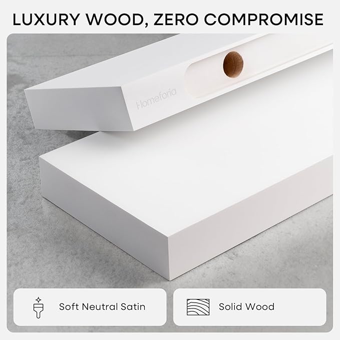Homeforia White Floating Shelves 24 inch, High End Solid Real Wood 24inch Bathroom Floating Shelf for Wall Mounted, White Wooden 24in Floating Shelves, Heavy Duty Bracket, 24 X 6.5 X 1.75 in, Set of 3