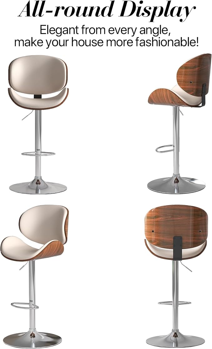 Adjustable Swivel Bar Stools Set of 4, Modern Bentwood Barstool with Large Metal Base and Footrest, PU Leather Upholstered Bar Chair with Curved Back for Kitchen Island Dining Room, White