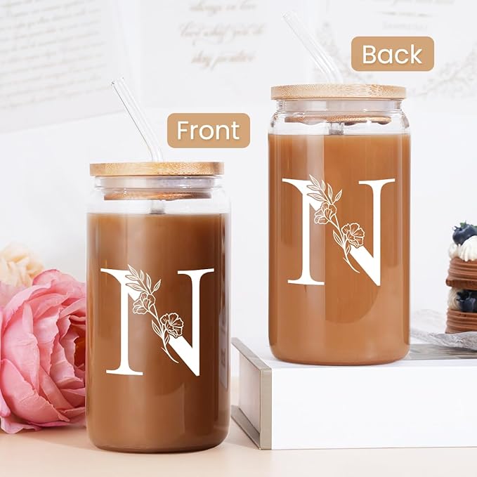 SANDJEST Monogrammed Gifts for Women - Monogram N Initial Glass Cup 16 Oz Can Coffee Cups with Lid and Straw - Monogram Initials Gifts for Womens on Birthday