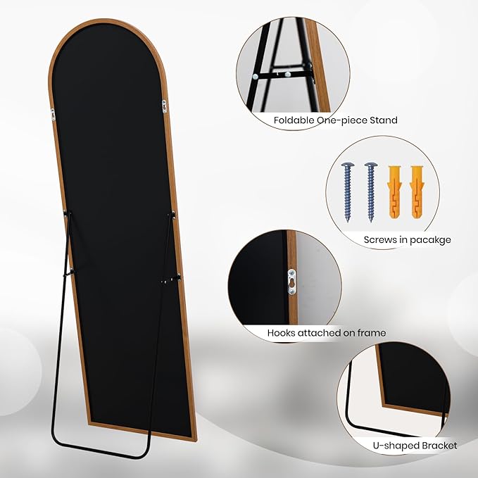 Arched 19x57 Inch Full Length Mirrors Aluminium Frame in Classic Yellowish Brown Wood Looking Free Standing Floor Mirror Full Body Wall Mounted for Bedroom Living Room and Hallway