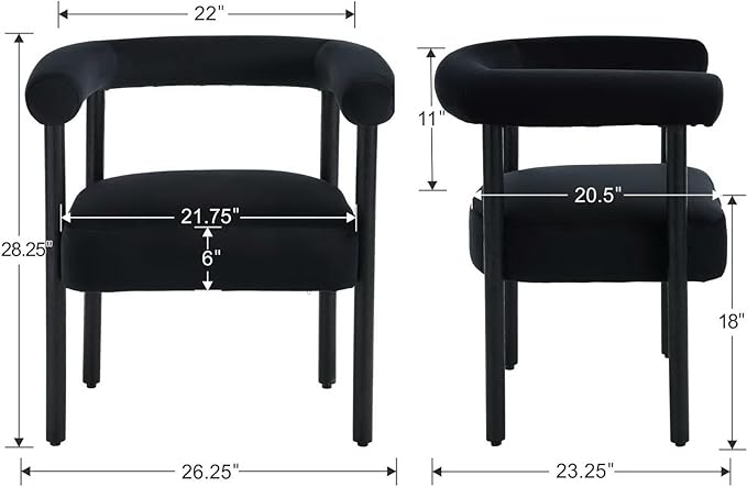 Velvet Dining Chairs Set of 2, Modern Upholstered Curved Backrest Kitchen Dining Room Chairs Accent Armchairs with Black Wood Legs, Black Velvet