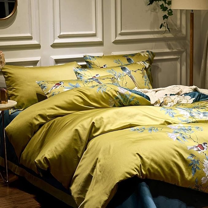 LifeTB Vintage Floral Duvet Cover Set Queen 3 Pieces Birds Flowers Pattern Duvet Cover Luxury Soft Cotton Floral Comforter Cover Garden Style Bird Flowers Bedding Set Queen Size Breathable