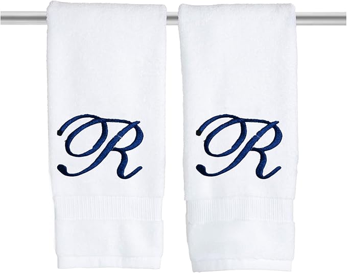 White Monogrammed Hand Towels for Bathroom - Luxury Hotel Quality Personalized Initial Embroidered Towel for Powder Room, Spa - GOTS Organic Certified - Pack of 2 Navy, Letter R