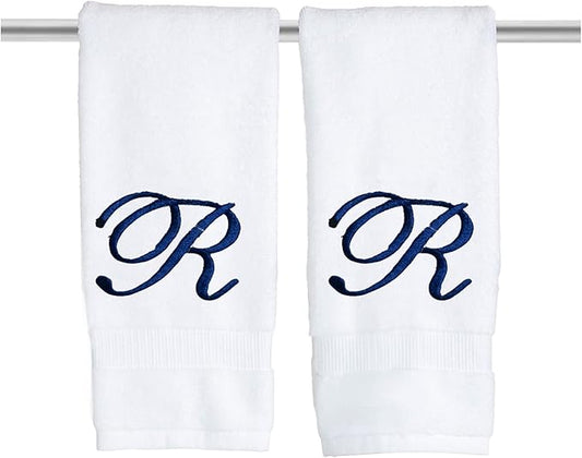 White Monogrammed Hand Towels for Bathroom - Luxury Hotel Quality Personalized Initial Embroidered Towel for Powder Room, Spa - GOTS Organic Certified - Pack of 2 Navy, Letter R