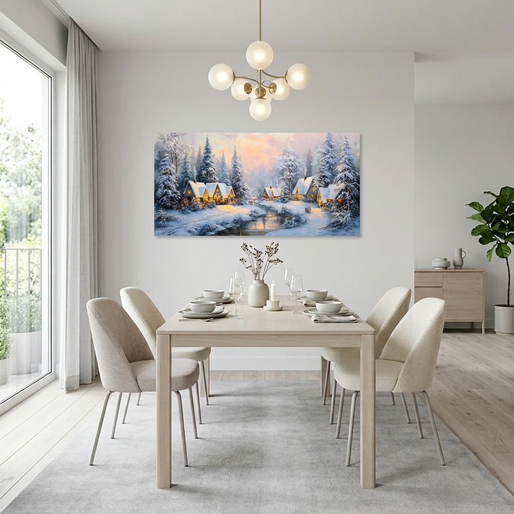 TEKMENT White Retro Cabin Wall Art for Bedroom Canvas Painting Prints Beautiful Snow Winter Forest Rustic Christmas Night Village Art Deco Nature Artwork Office Farmhouse Decor
