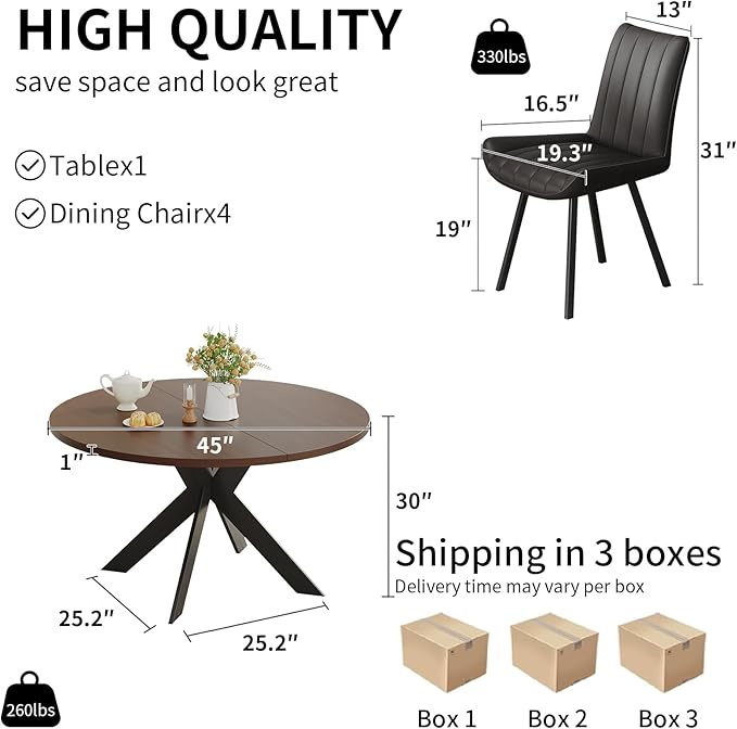 Walnut Round Dining Table Set for 4, Mid-Century Modern Kitchen Table and Chairs, Small Space Dining Room Furniture for Apartment, Breakfast Nook or Studio (Walnut wood-1 Table + 4 Black Chairs)