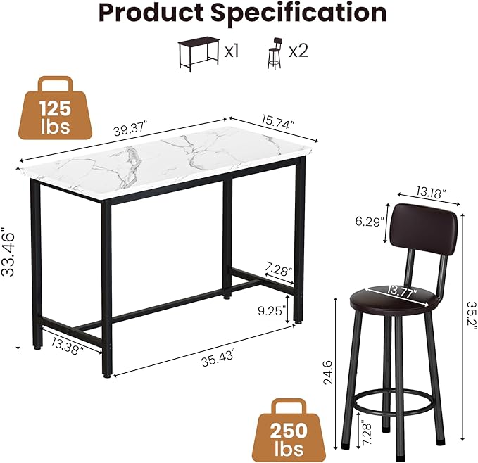 DKLGG 47" Rectangle Dining Table Set for 2 With MDF Tabletop & PU Leather Chairs - Bar Pub Set for Small Space Kitchen, Living Room, Apartment, White