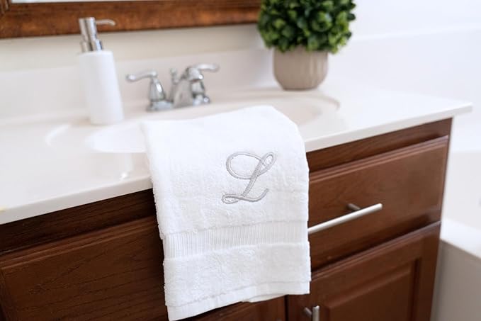 White Monogrammed Hand Towels for Bathroom - Luxury Hotel Quality Personalized Initial Embroidered Towel for Powder Room, Spa - GOTS Organic Certified - Pack of 2 Silver, Letter L