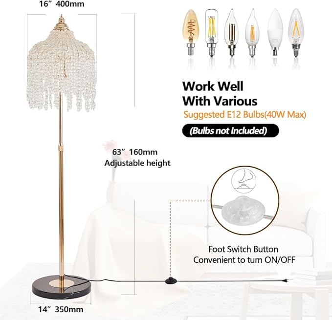 Vintage Style Floor Standing Lamp, Waterfall Design with Grape-Shaped Tall Gold Pole Light, Modern Dimmable Crystals Standing Lamps (Gold + Iron-7)