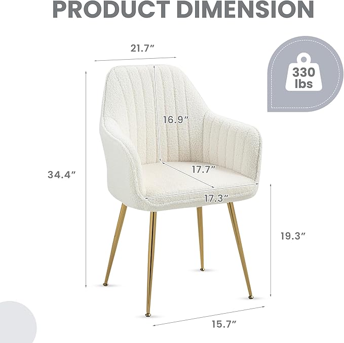 ECOTOUGE Teddy Velvet Dining Chairs Set of 4, Modern Arm Chair with Golden Metal Legs, Fluffy Boucle Sherpa Accent Chairs for Kitchen, Cream White