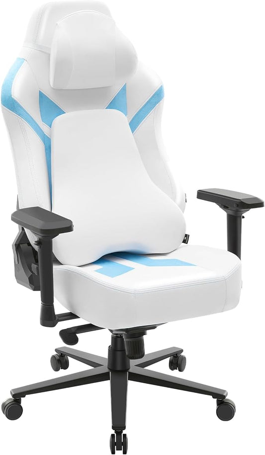 Ergonomic Gaming Chair, Computer Desk Chairs, 4D Armrests, High Back Office Chair with Headrest & Lumbar Pillow, Tilt Rocker Recliner, Heavy-Duty Base, White PU Leather & Blue Suede Combo