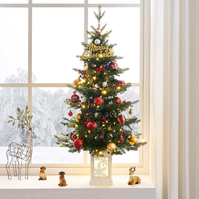 Small Pre-Lit Christmas Tree with LED Lights - 3.5FT Ariticifial Tree with Snowflake Base, Battery Operated & Auto Timer for Home Office Xmas Decor