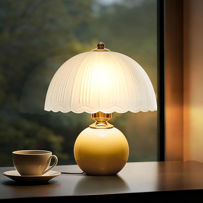 Ceramic Table lamp, Modern Bedside Lamps Mid Century Vintage Desk Lamp Retro Glass Mushroom Traditional Lamp for Nightstand Living Room Bedroom Home Decor (S05YE-1PACK)