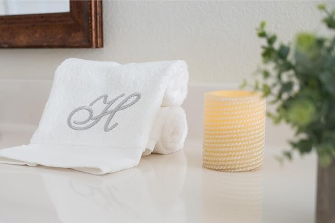 White Monogrammed Hand Towels for Bathroom - Luxury Hotel Quality Personalized Initial Embroidered Towel for Powder Room, Spa - GOTS Organic Certified - Pack of 2 Silver, Letter H
