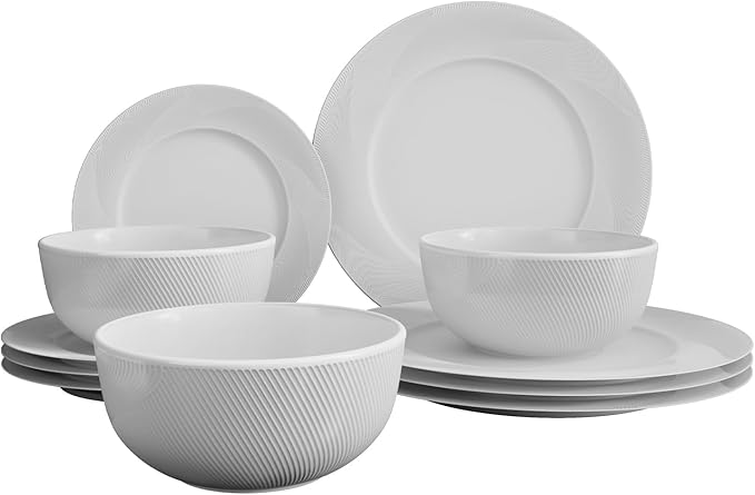 Yoshy Bone China Dinnerware with Lightweight Durable Chip Resistant Design Service for 4 (12 Piece - Service for 4, Rhythmlight)