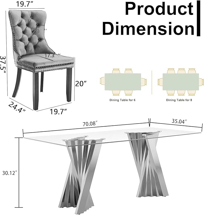 Goujxcy 70" Glass Dining Table Set for 4, Modern Silver Dining Table Set with 4 Black Velvet Upholstered Dining Chairs, 5 Piece Kitchen Dining Room Table Set with Stainless Steel Legs