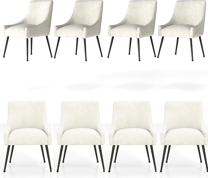 Velvet Dining Chairs Set of 8,Beige Upholstered Living Room Chairs with Black Metal Legs, Modern Tufted Accent Chairs for Living Room, Study Room, Kitchen