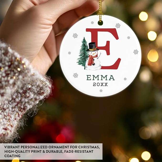 Andaz Press Personalized Christmas Ornament, Custom Name, Initial E Monogram Snowman 2.8" Ceramic Porcelain 2025 Christmas Ornament Keepsake for Kids, Boys, Girls, 1-Pack Initial Ornaments