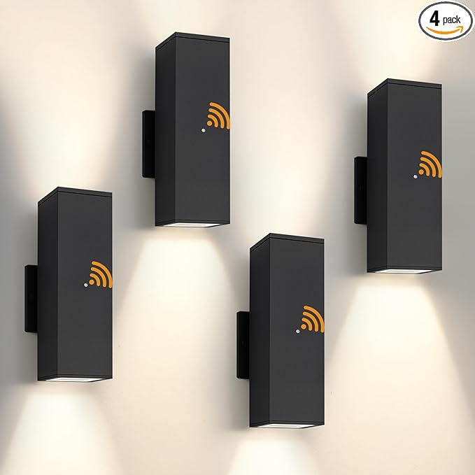 Dusk to Dawn Outdoor Lighting, LED Square Up and Down Outdoor Sconce Lights, Matte Black Exterior Lighting Fixtures with 7W LED Bulbs, Front Porch Lights for house, Garage, Patio, Doorway, 4 Pack