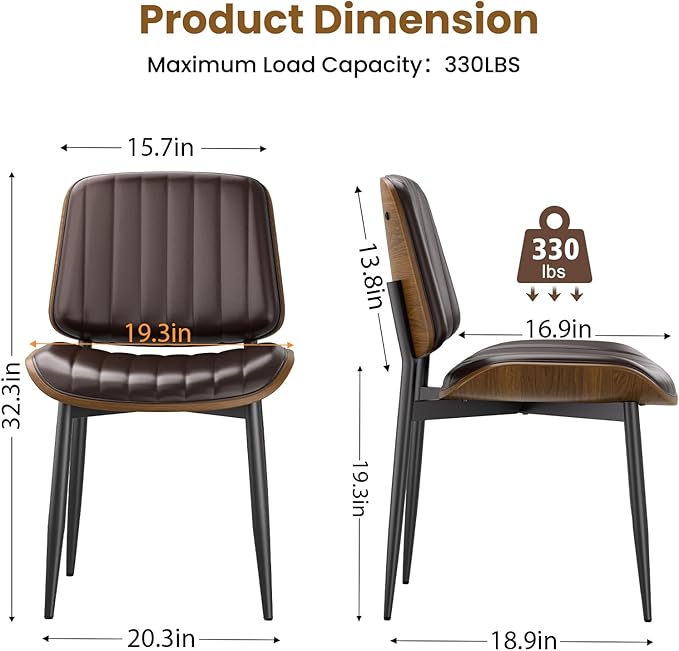 Dining Chairs Set of 8, Mid Century Modern Dining Room Kitchen Chairs, Upholstered PU Leather Vertical Stripe Chairs for Vanity with Walnut Bentwood and Metal Legs, Brown