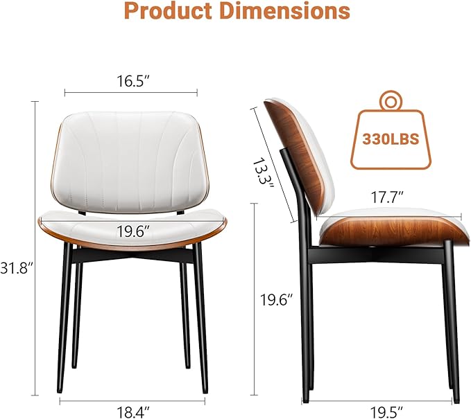 Dining Chairs Set of 8, Dining Room and Kitchen Chairs, FSC Certified Mid Century Modern Accent Chair, Upholstered PU Leather Chairs for Vanity with Walnut Bentwood and Metal Legs, White