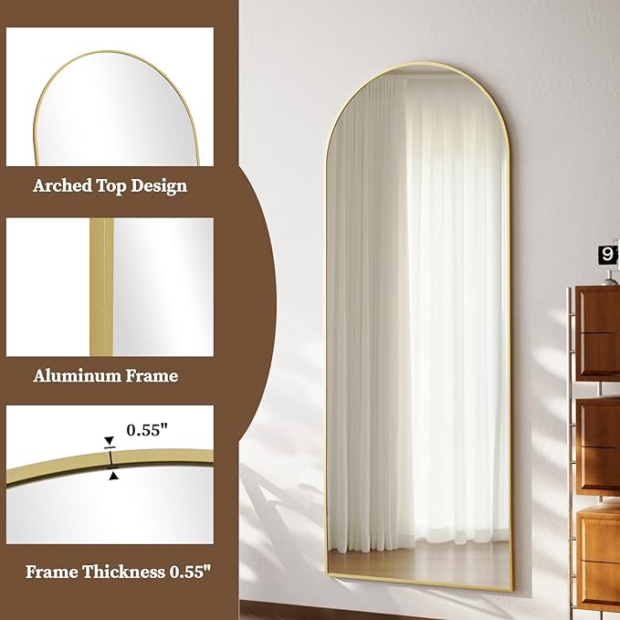 71 x 26 inch Arched Full Length Mirror - Full Body Floor Mirror, ShatterVue Tempered Glass, Standing, Leaning, Wall Mounted for Living Room, Bedroom, Gold