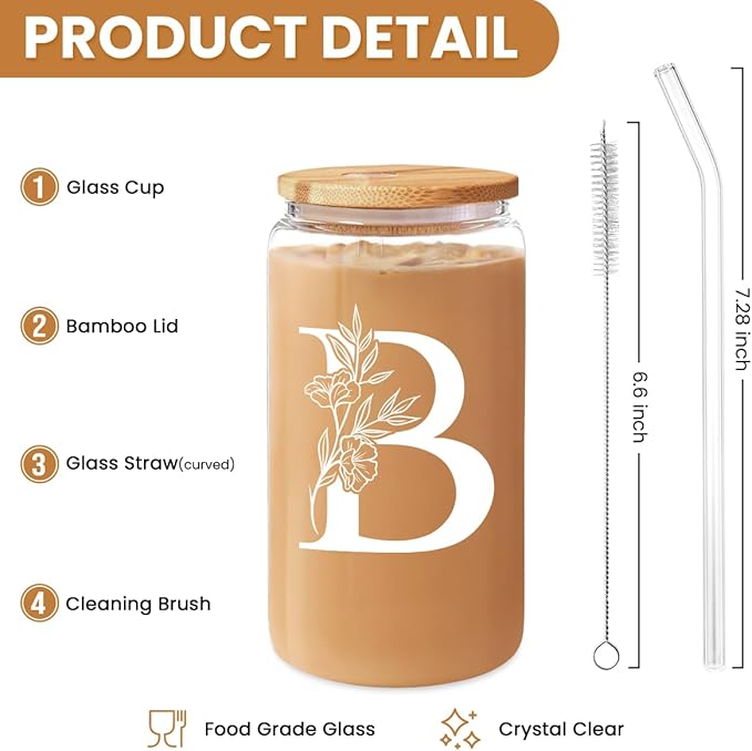 SANDJEST Monogrammed Gifts for Women - Monogram B Initial Glass Cup 16 Oz Can Coffee Cups with Lid and Straw - Monogram Initials Gifts for Womens on Birthday