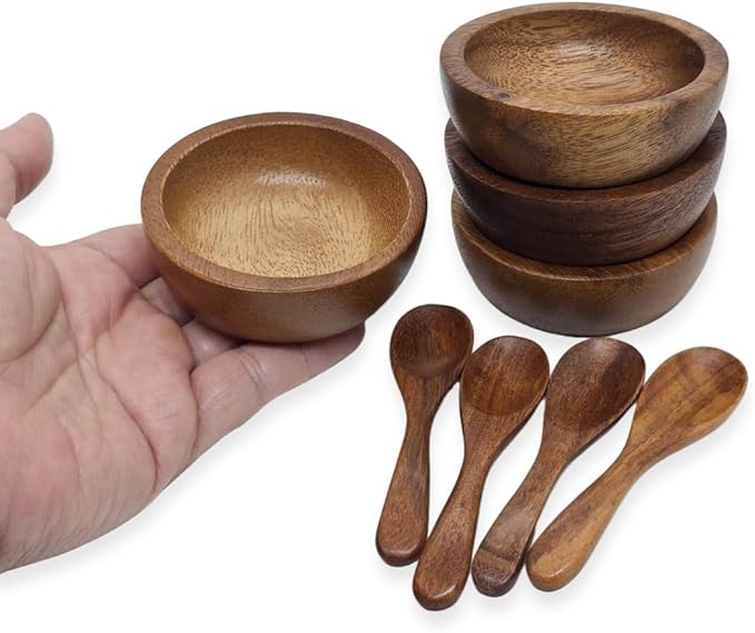 Set of 4 Small Round Acacia Wooden Bowls 2¾ Inch Diameter With Spoons - Stackable Mixing Bowl for Salad Soup Snack Salsa Dip Sauce Charcuterie Wood Tableware Sets for Decor and Serving
