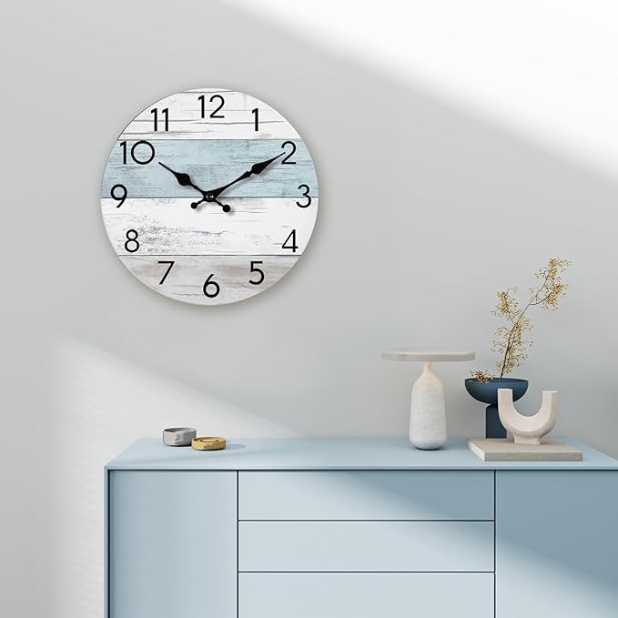 Wall Clock Silent Non-Ticking Wooden Clocks Battery Operated 12 Inch Small Country Retro Rustic and Beach Style Decorative for Living Room, Kitchen, Home,Bathroom, Bedroom (Blue)