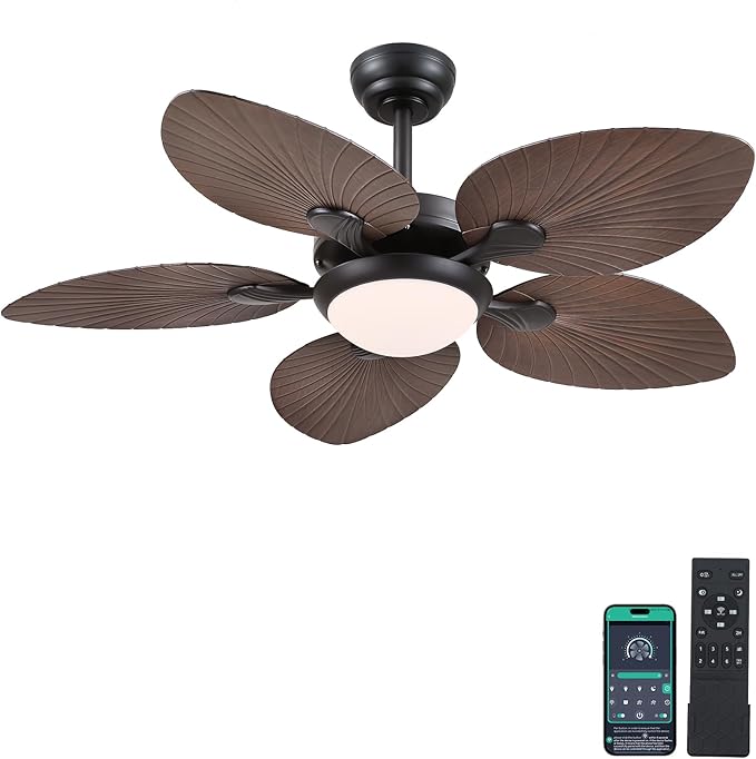 Tropical Ceiling Fans with Lights and Remote/APP Control, 44 Inch Palm Leaf Ceiling Fan with LED Lights, Outdoor Ceiling Fans for Patios Porch, Reversible Quiet Motor, Dimmable, Dark Brown