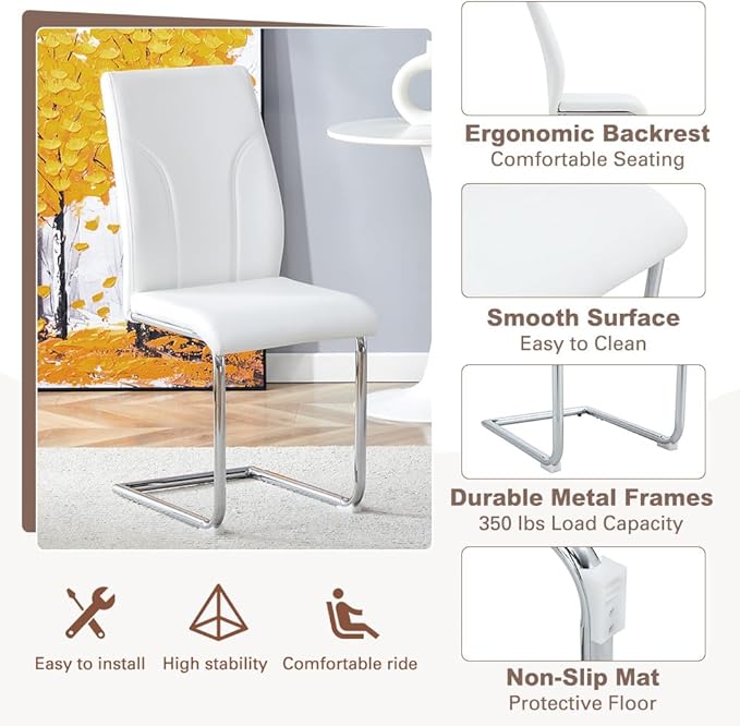 64.5" White Dining Table Set for 4, Modern Kitchen Table and Chairs Set with PU Leather Cushioned Chairs & Decorative Pedestal Base, 5 Piece Marble Pattern Dining Table Set for Dining Room or Kitchen