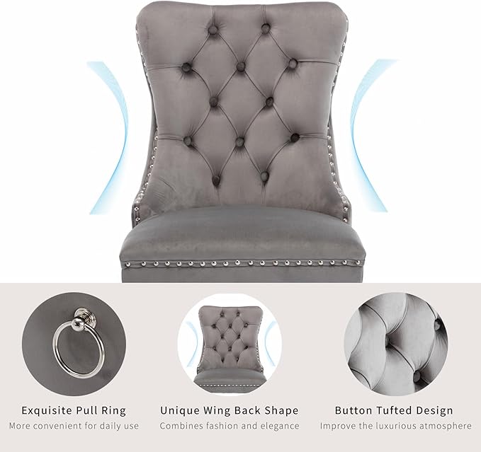 Luxury Upholstered Dining Chairs Set of 6, Grey Kitchen Chair with Silver Metal Legs, Velvet Tufted Back Dining Chair, Sillas de Comedor, Modern Kitchen & Dining Room Chairs (Gray, 6 Pcs)