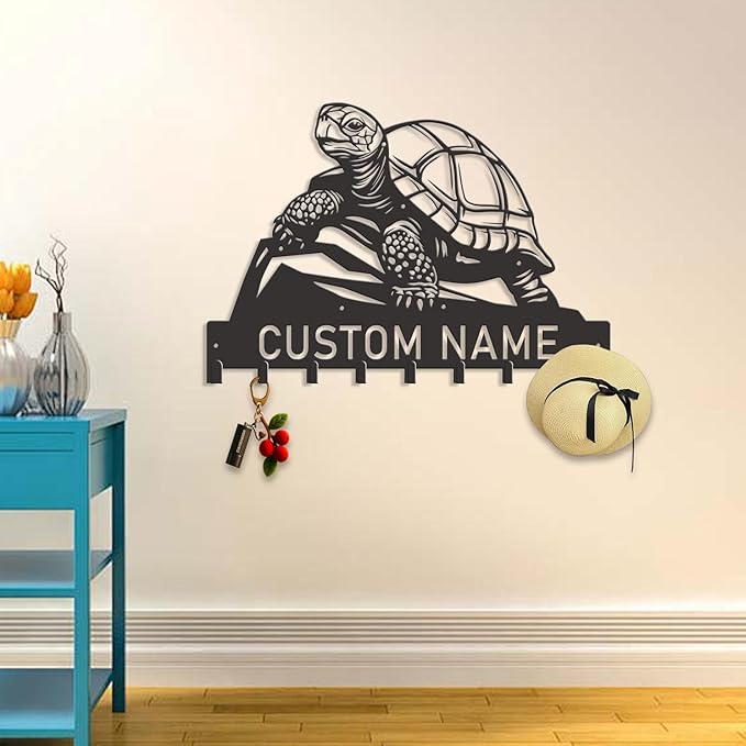 Custom Tortoise Metal Key Holder for Wall, Personalized Family Name Metal Sign with Hooks, Entryway Coat Rack and Organizer for Keys, Leashes, Hats (Style-2)
