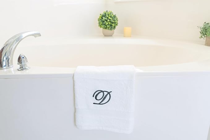 White Monogrammed Hand Towels for Bathroom - Luxury Hotel Quality Personalized Initial Embroidered Towel for Powder Room, Spa - GOTS Organic Certified - Set of 2 Dark Gray Letter D