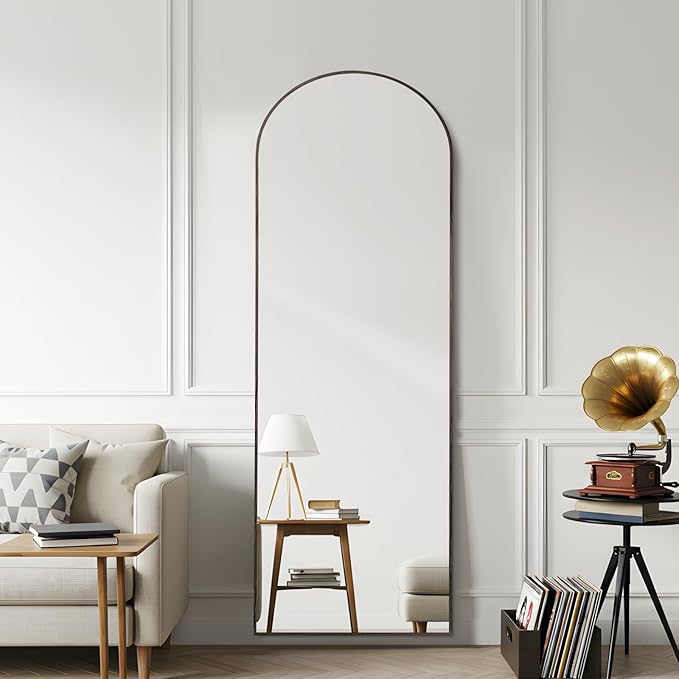 Arched 19x57 Inch Full Length Mirrors Aluminium Frame in Classic Graylish Driftwood Looking Free Standing Floor Mirror Full Body Wall Mounted for Bedroom Living Room and Hallway