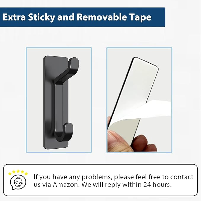 Wall Hooks for Coat and Towel: 13LB Adhesive Door Hanger Stick on, Black 4 Pack