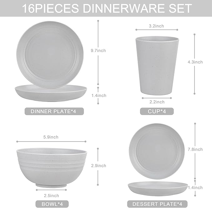 LIYH 16 Pcs Wheat Straw Dinnerware Sets Plastic Dinnerware Sets for 4 Plates and Bowls Set Reusable Tableware Grey Dish Set 8 Plates 4 Bowls 4 Cups Microwave Dishwasher